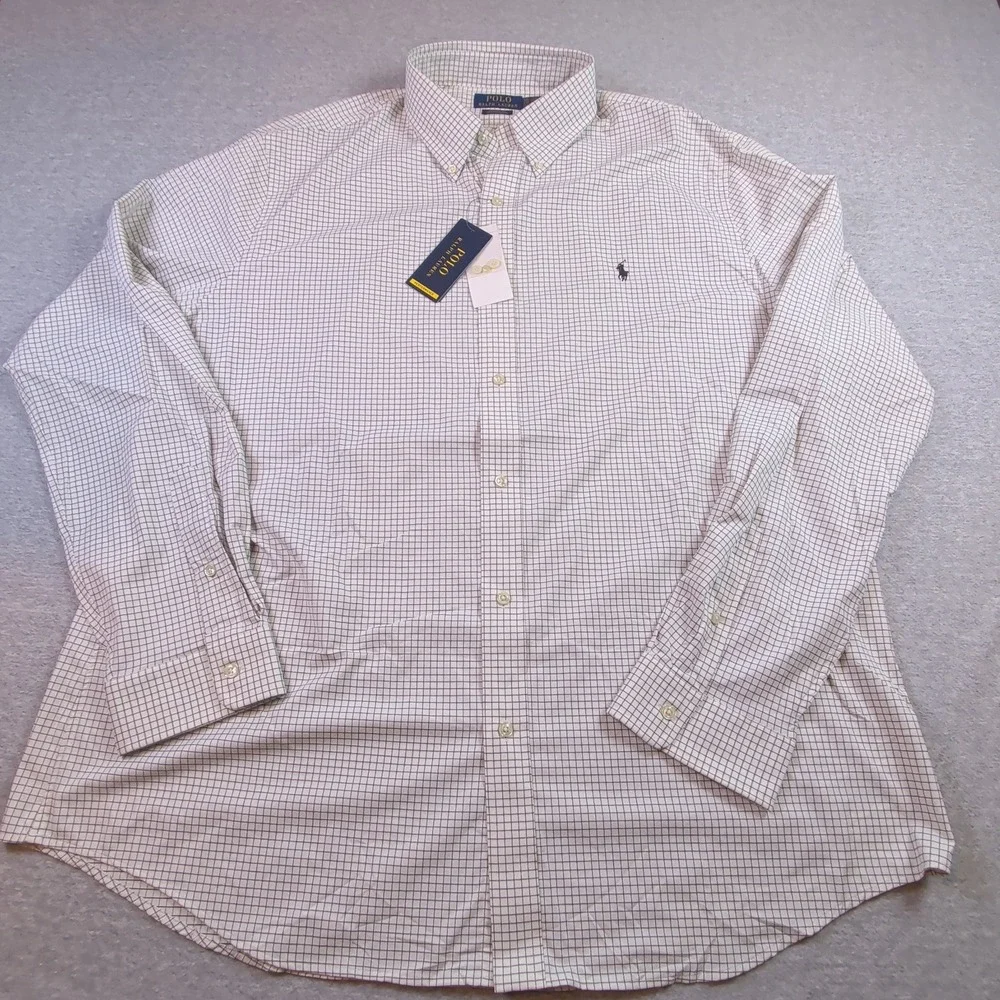 Polo Ralph Lauren Mens XXL Classic Fit Performance Shirt White Brown Windowpane